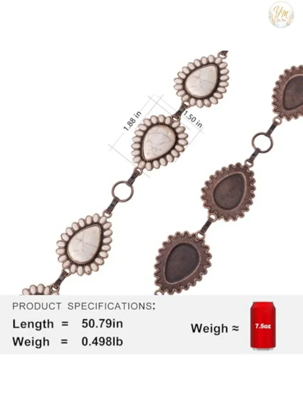 Western Concho Chain Belt for Women, Adjustable Metal Waist Belt